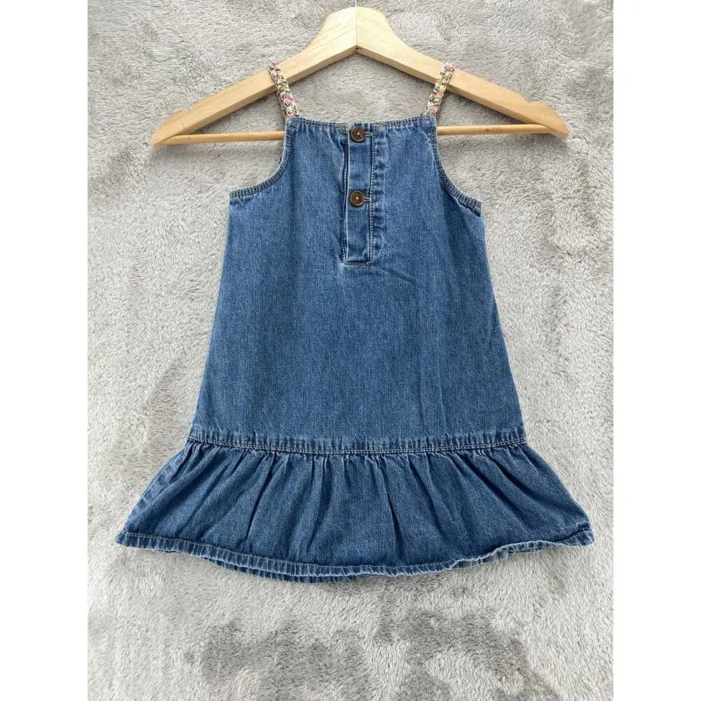 Genuine Kids OshKosh 4T Denim Jumper Dress Embroidered Button Ruffle Hem